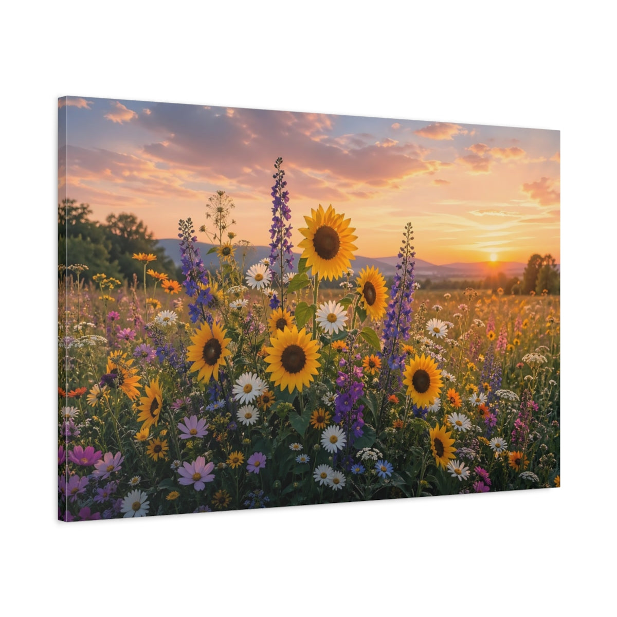 Main Mockup. Nature Sunflowers Colorful Flower Field shown as stretched canvas wall art