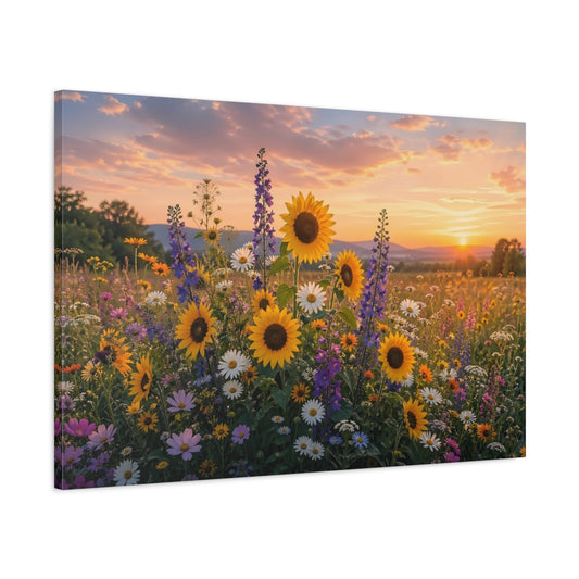 Main Mockup. Nature Sunflowers Colorful Flower Field shown as stretched canvas wall art