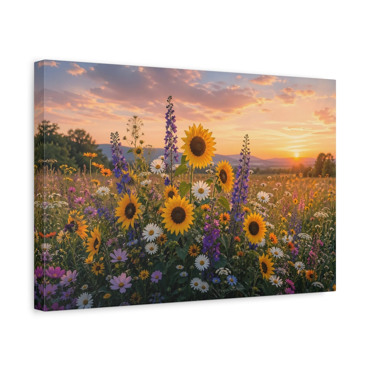 Side Mockup 4. Nature Sunflowers Colorful Flower Field shown as stretched canvas wall art