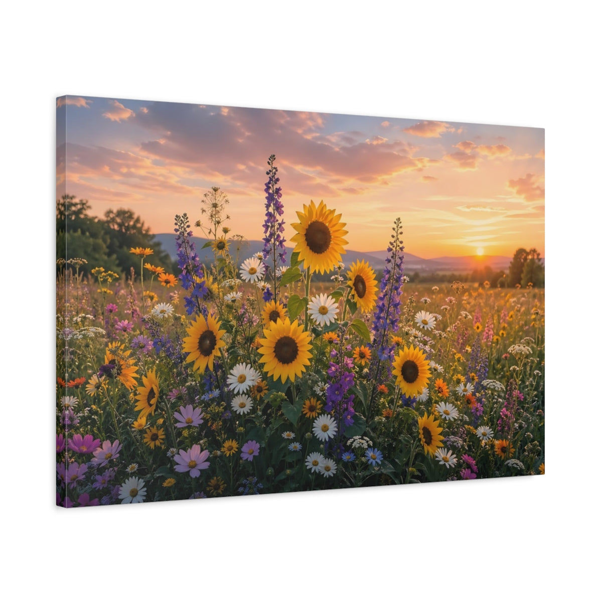 Side Mockup 2. Nature Sunflowers Colorful Flower Field shown as stretched canvas wall art