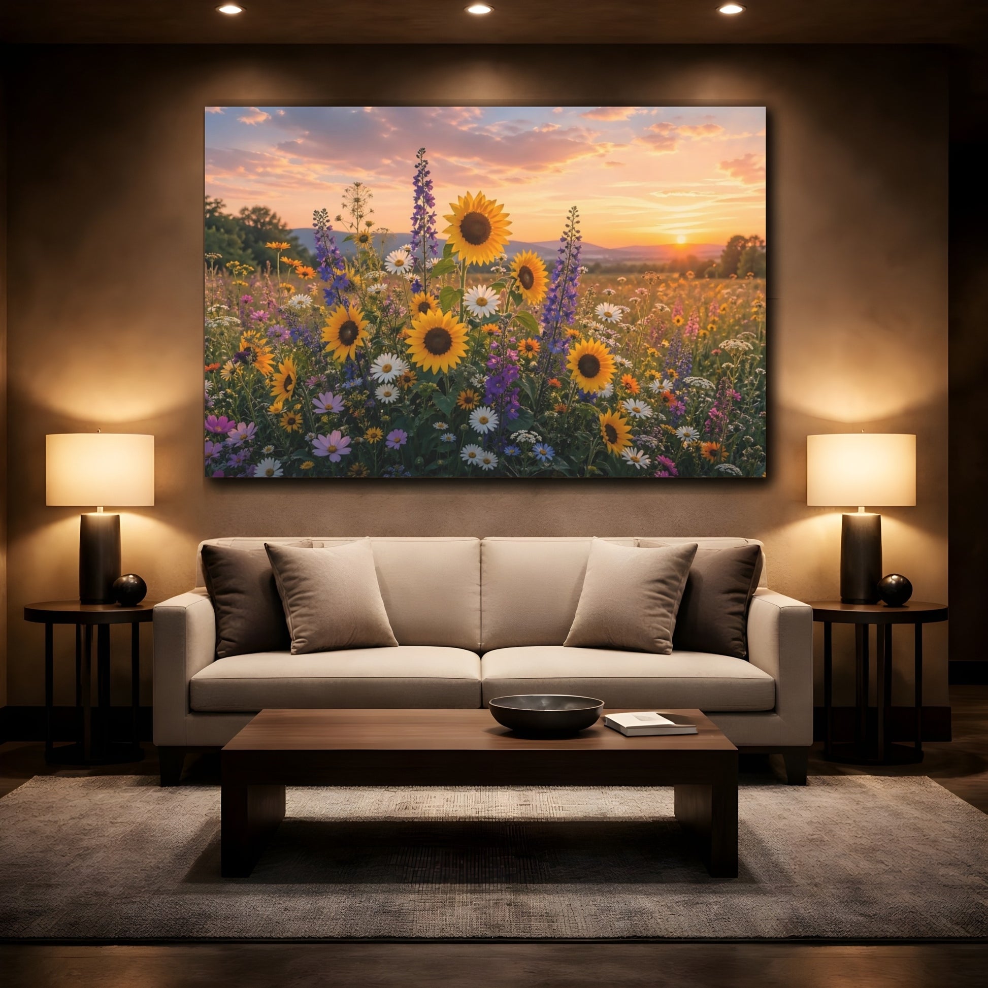Mockup 2. Nature Sunflowers Colorful Flower Field shown as stretched canvas wall art