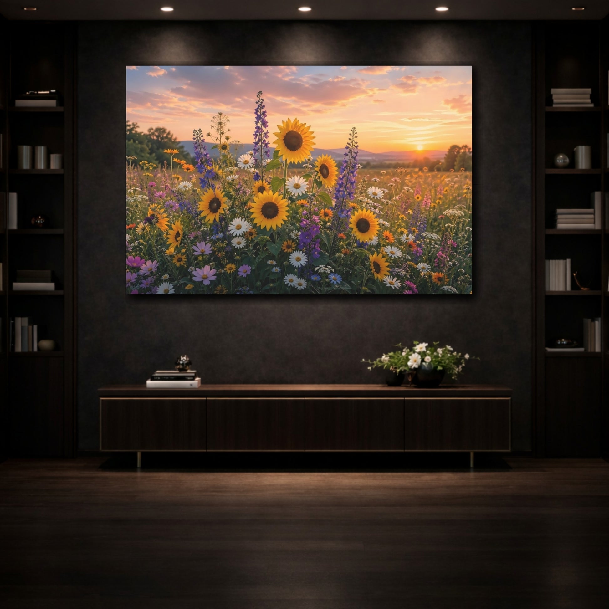 Mockup 3. Nature Sunflowers Colorful Flower Field shown as stretched canvas wall art