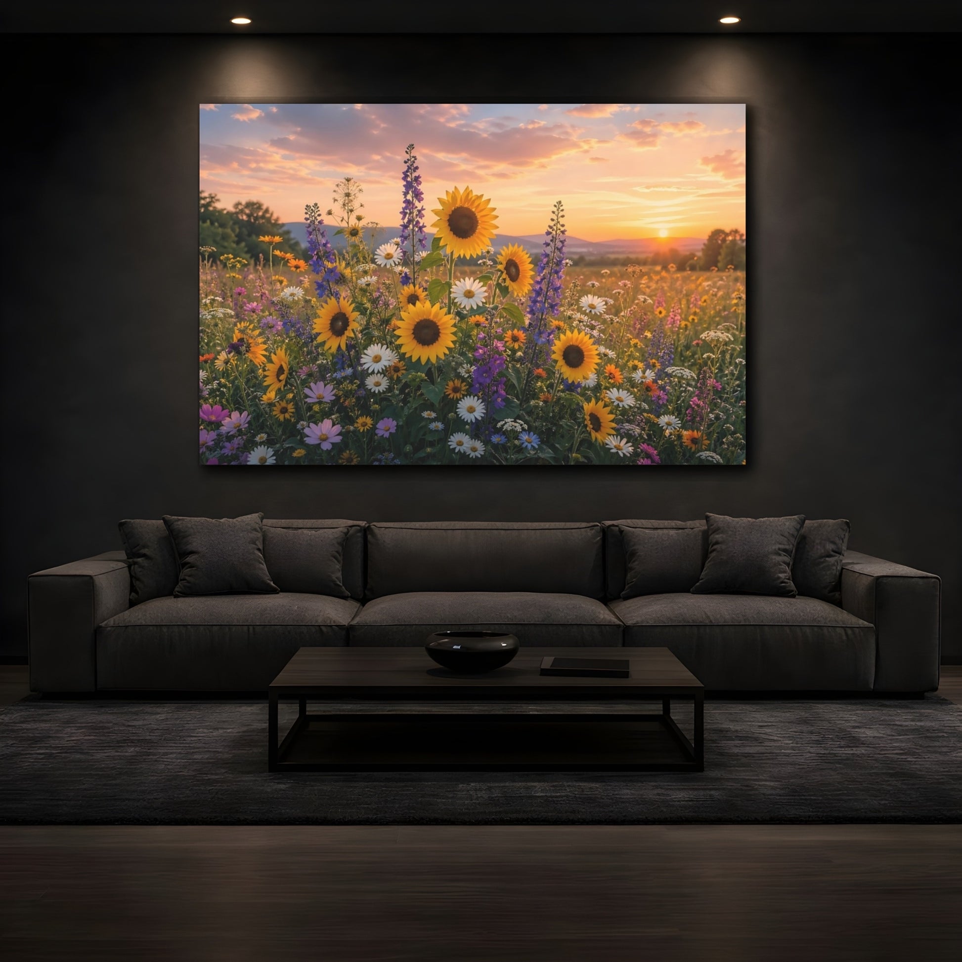 Mockup 4. Nature Sunflowers Colorful Flower Field shown as stretched canvas wall art