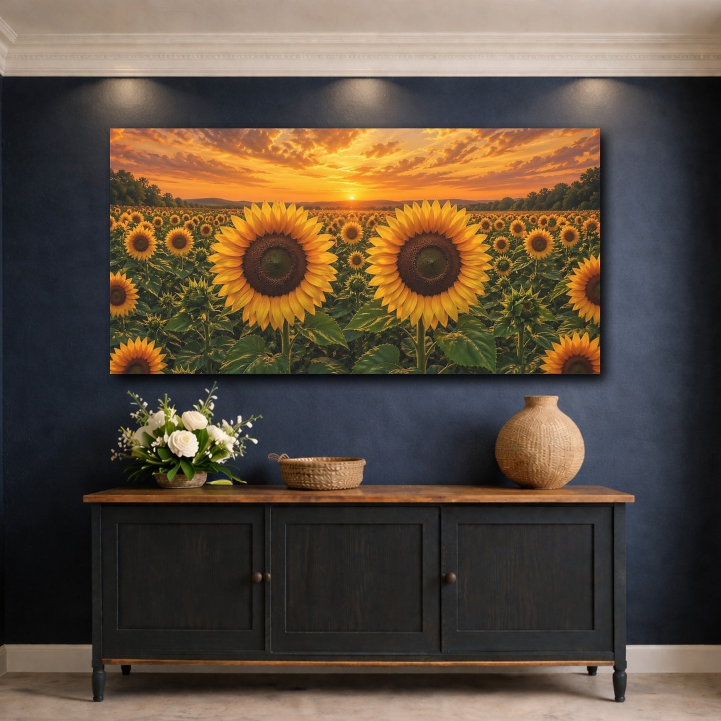 Mockup 4. Nature Sunflowers Yellow And Orange shown as stretched canvas wall art