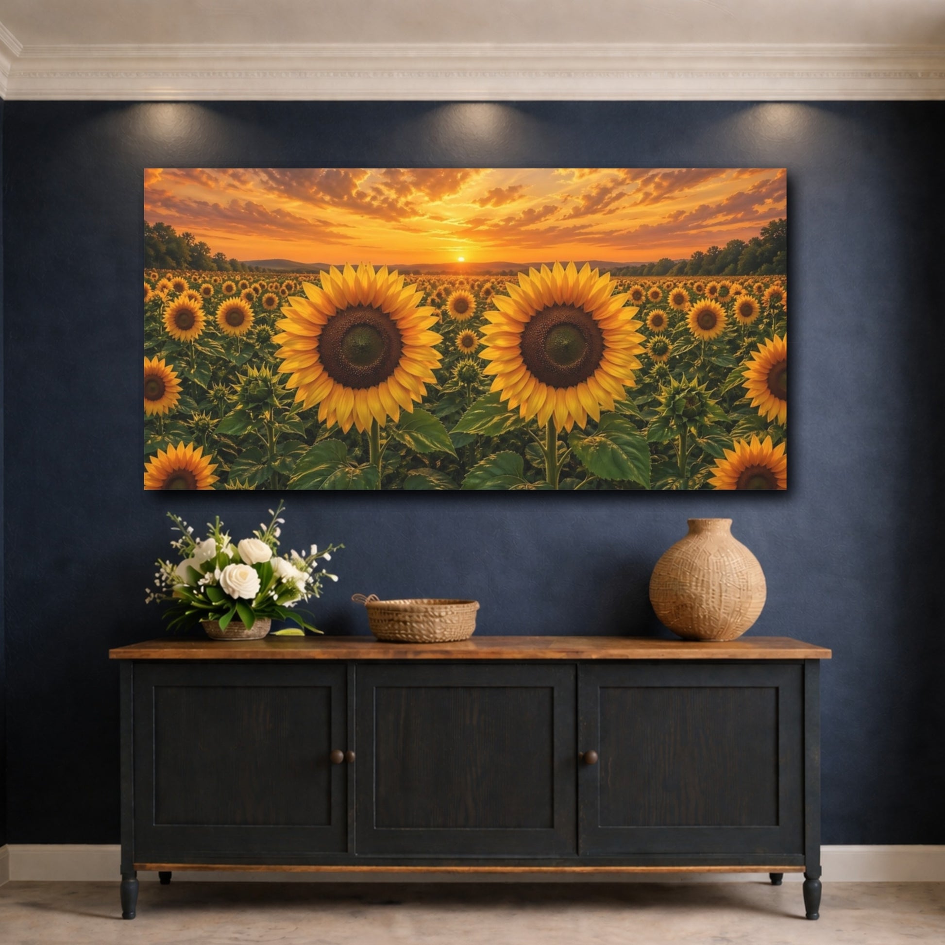 Mockup 4. Nature Sunflowers Yellow And Orange shown as stretched canvas wall art