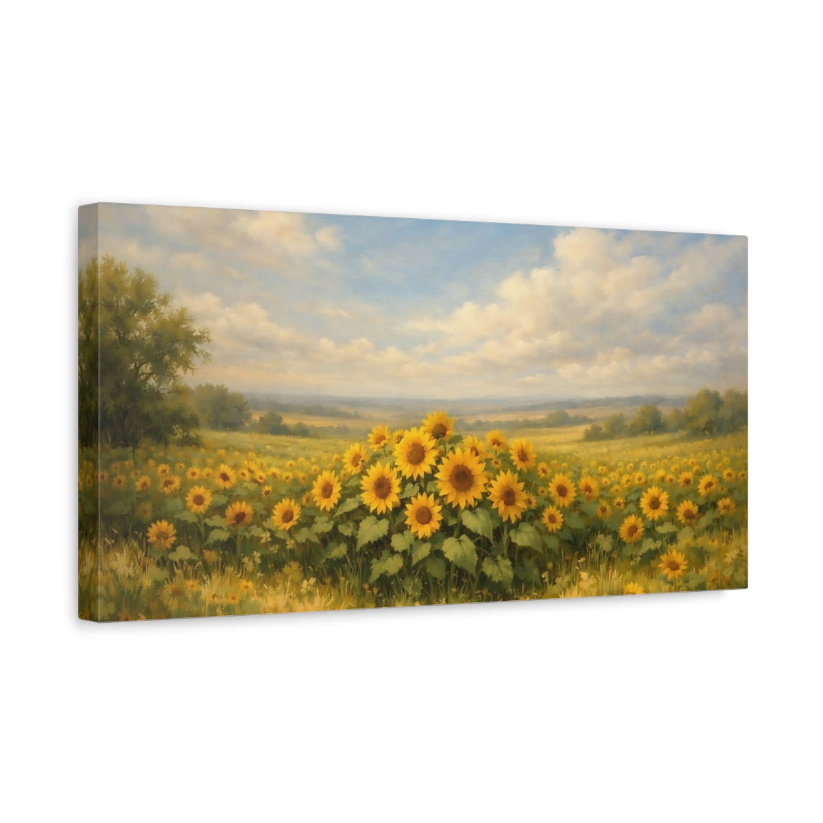 Side Mockup 3. Nature Sunflowers Yellow Sunflowers shown as stretched canvas wall art