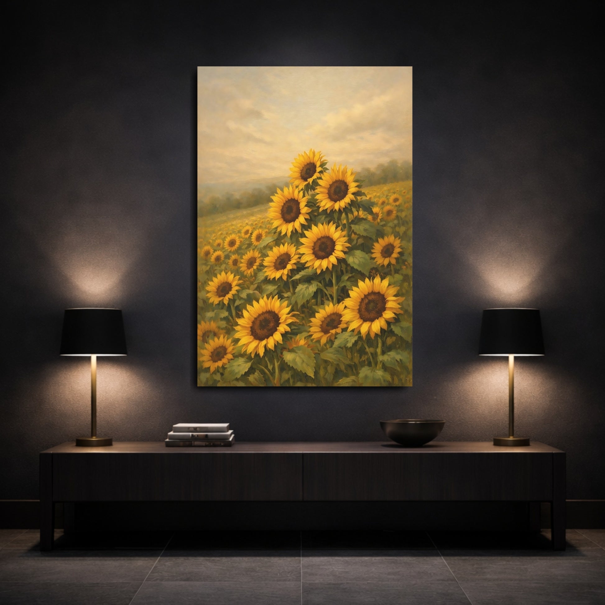 Mockup 2. Nature Sunflowers Yellow Sunflowers shown as stretched canvas wall art