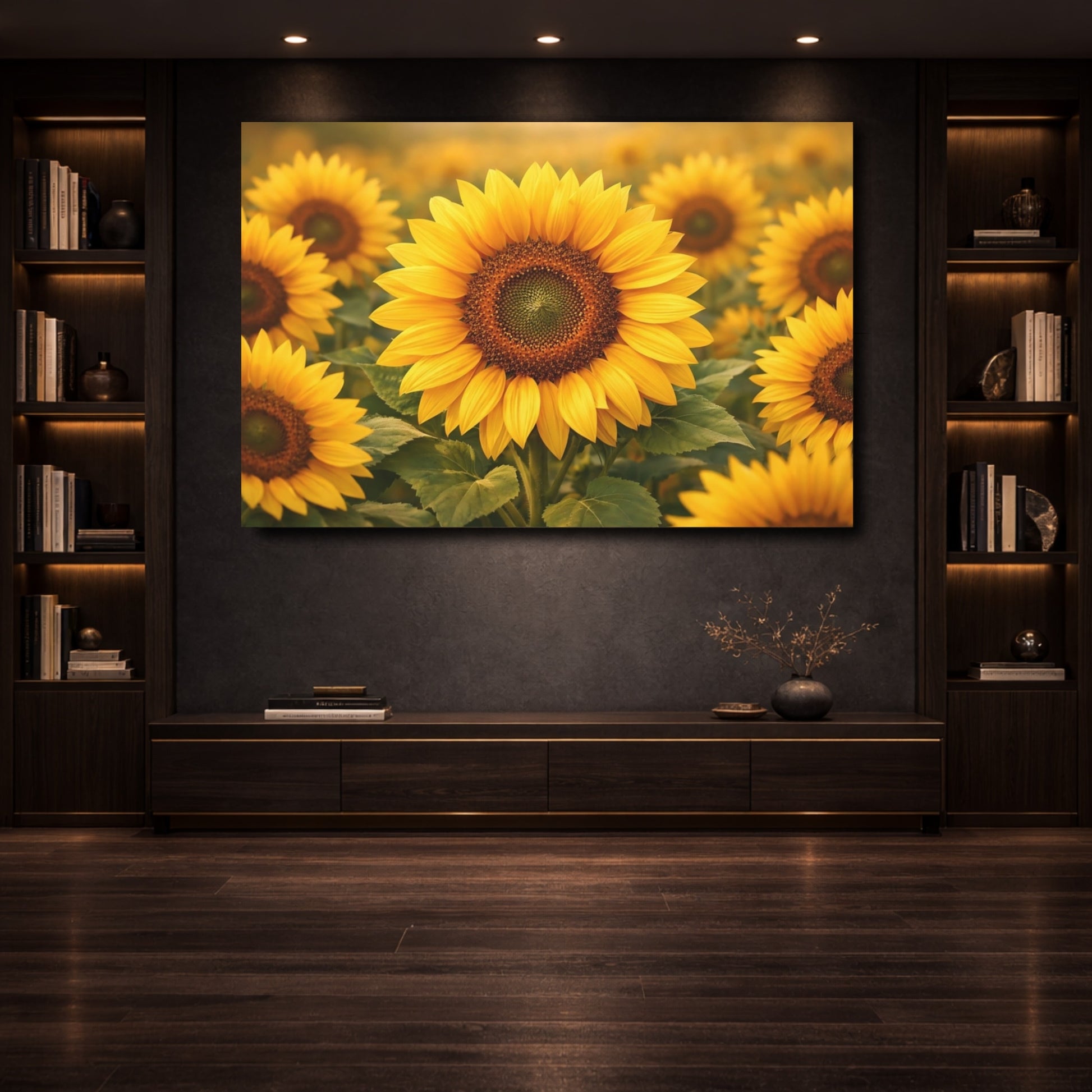 Mockup 3. Nature Sunflowers Yellow Sunflowers shown as stretched canvas wall art