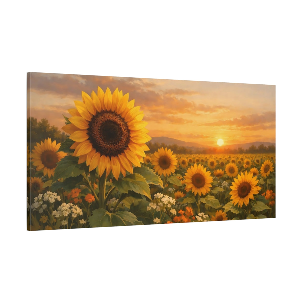 Main Mockup. Nature Sunflowers Yellow Sunset Field shown as stretched canvas wall art