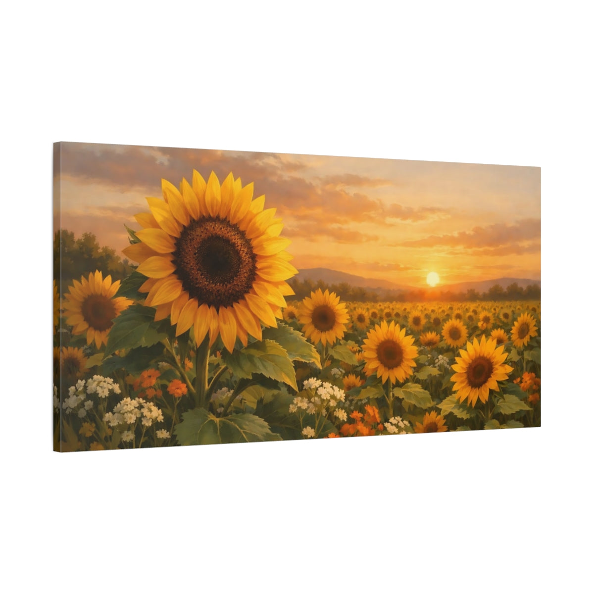 Side Mockup 1. Nature Sunflowers Yellow Sunset Field shown as stretched canvas wall art