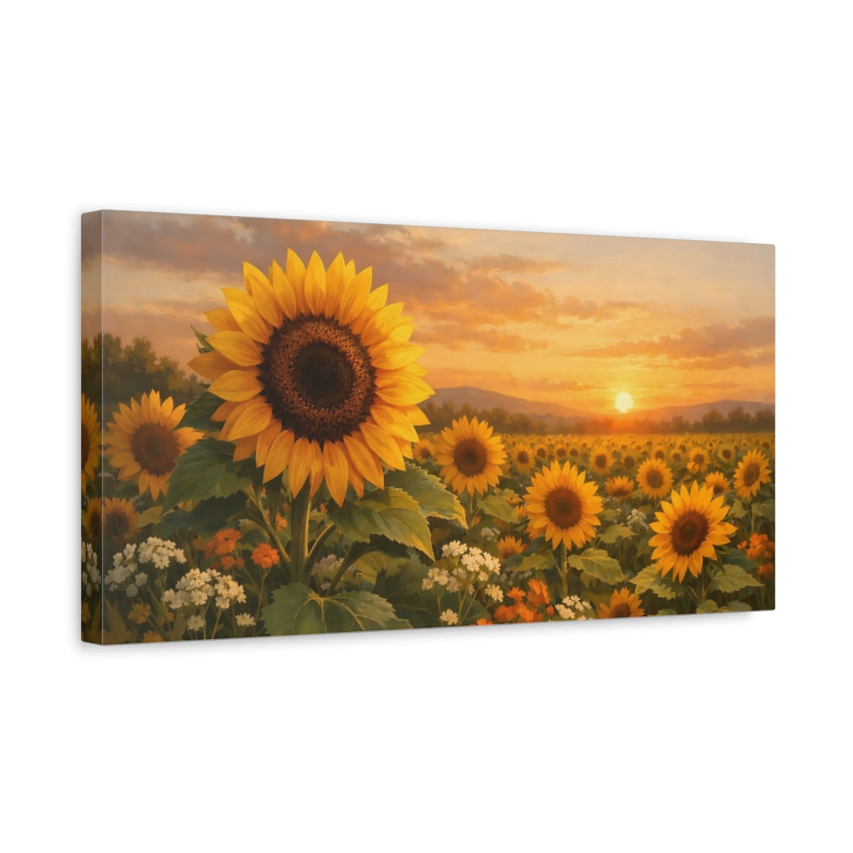 Side Mockup 3. Nature Sunflowers Yellow Sunset Field shown as stretched canvas wall art
