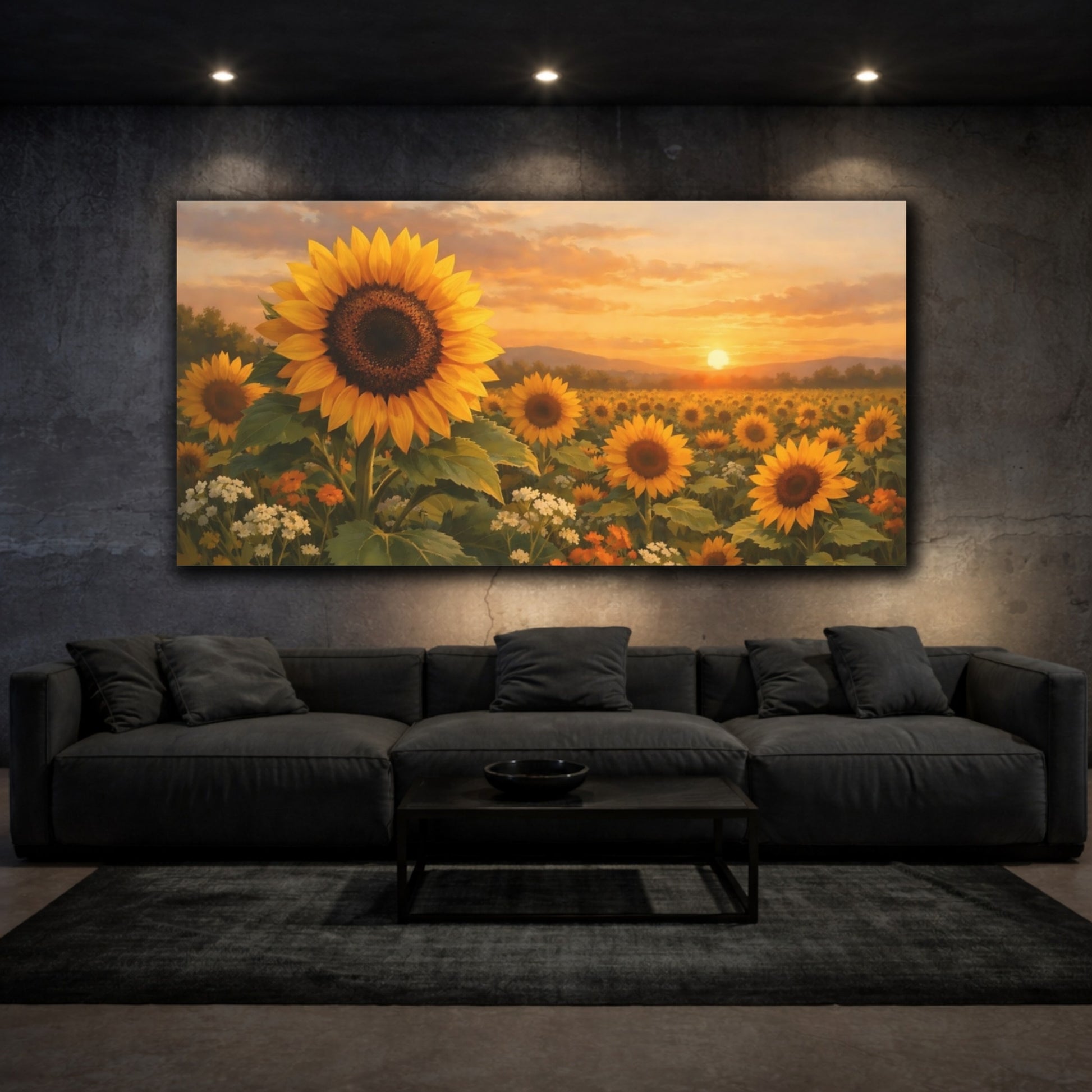 Mockup 2. Nature Sunflowers Yellow Sunset Field shown as stretched canvas wall art