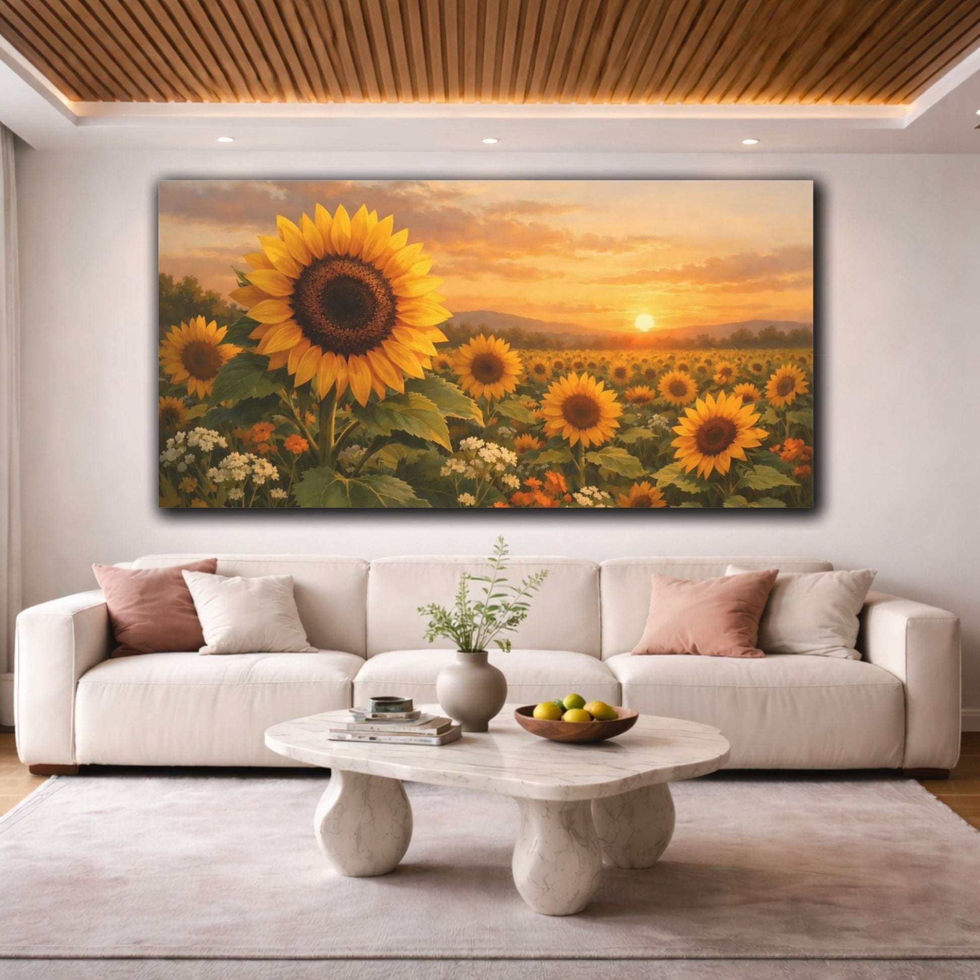 Mockup 3. Nature Sunflowers Yellow Sunset Field shown as stretched canvas wall art