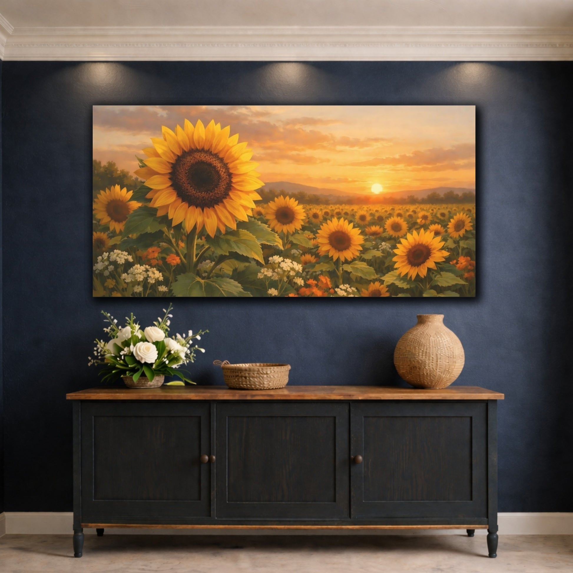 Mockup 4. Nature Sunflowers Yellow Sunset Field shown as stretched canvas wall art