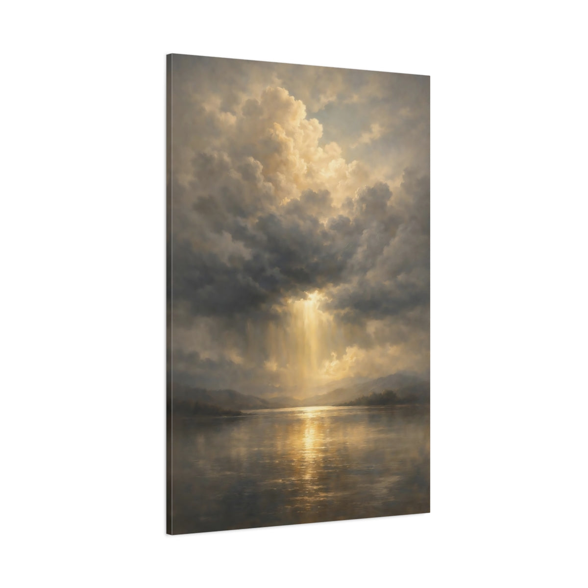 Main Mockup. Nature Sunlight Lake Golden Sky shown as stretched canvas wall art