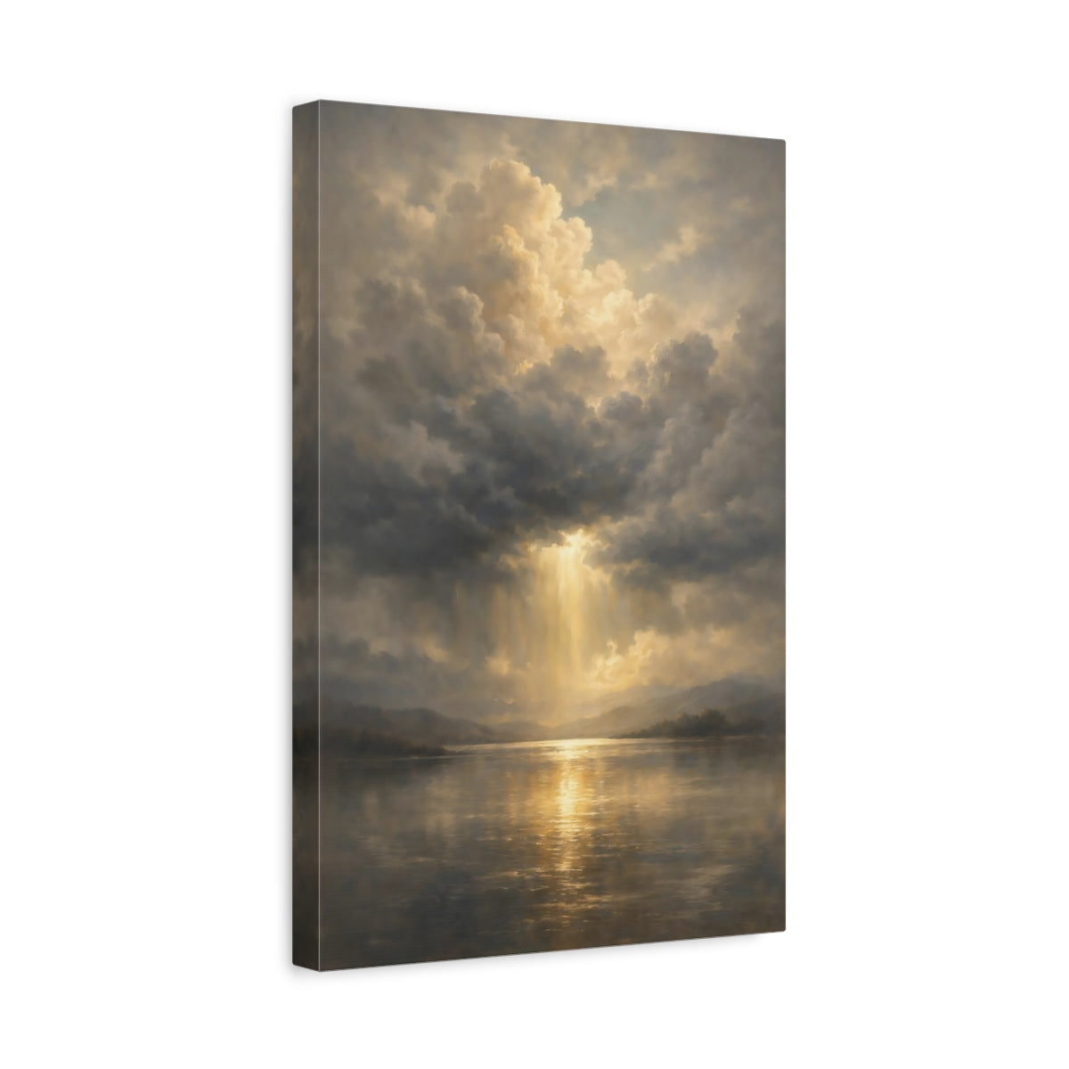 Side Mockup 4. Nature Sunlight Lake Golden Sky shown as stretched canvas wall art