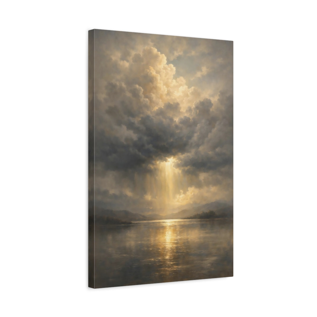 Side Mockup 3. Nature Sunlight Lake Golden Sky shown as stretched canvas wall art