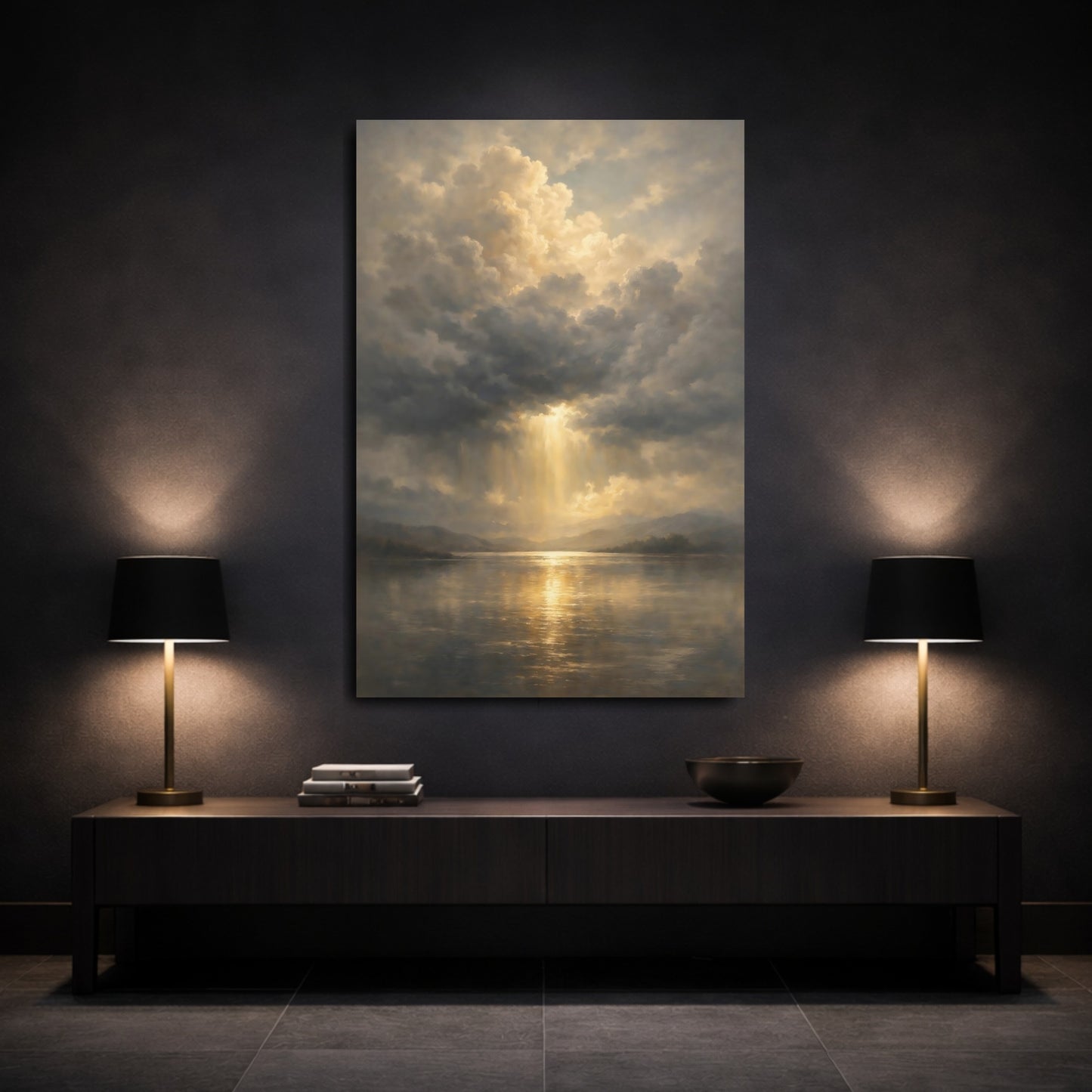 Mockup 2. Nature Sunlight Lake Golden Sky shown as stretched canvas wall art