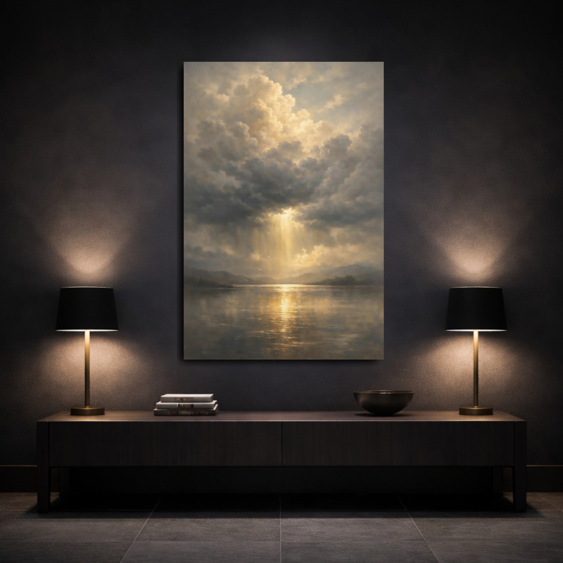 Mockup 2. Nature Sunlight Lake Golden Sky shown as stretched canvas wall art