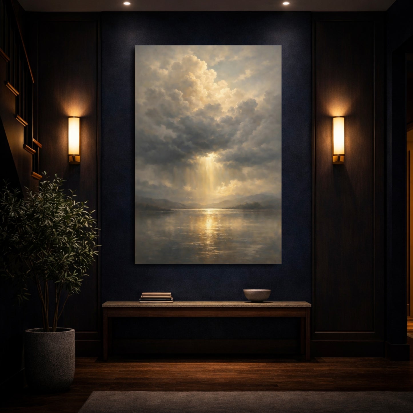 Mockup 3. Nature Sunlight Lake Golden Sky shown as stretched canvas wall art