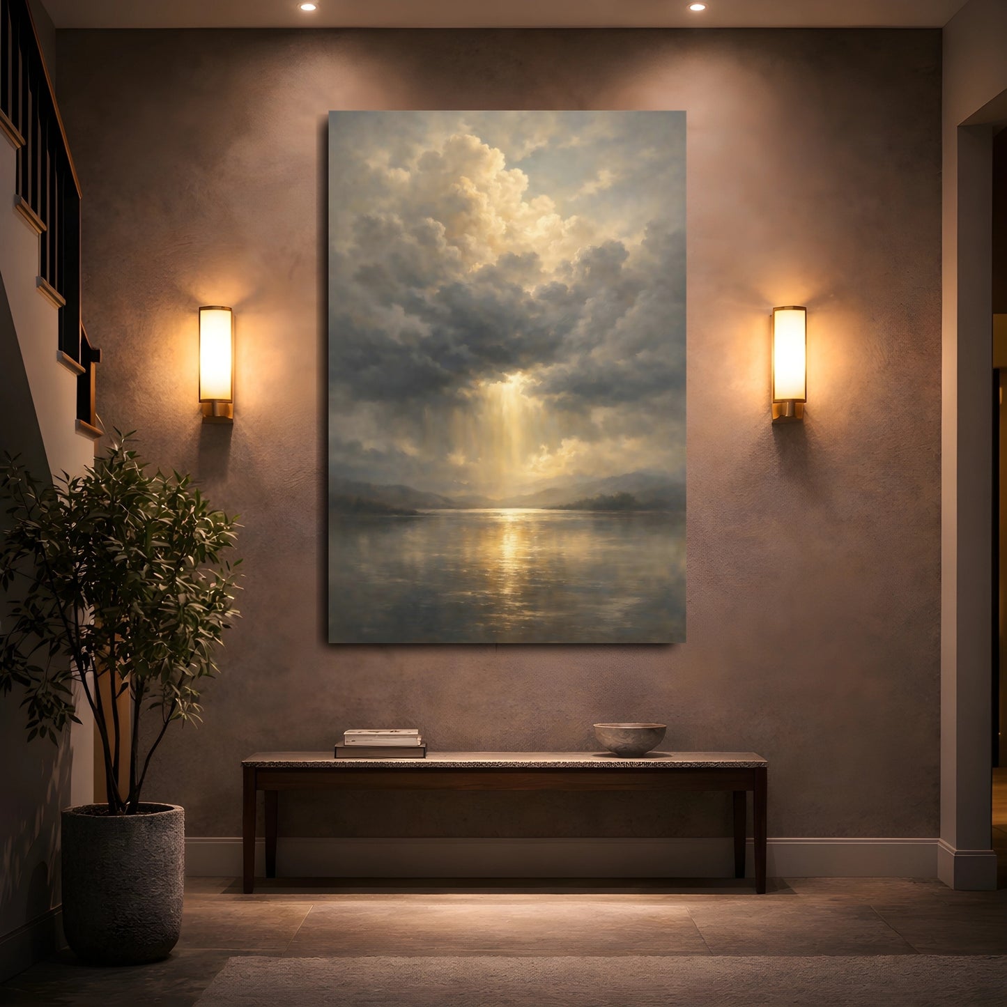 Mockup 4. Nature Sunlight Lake Golden Sky shown as stretched canvas wall art