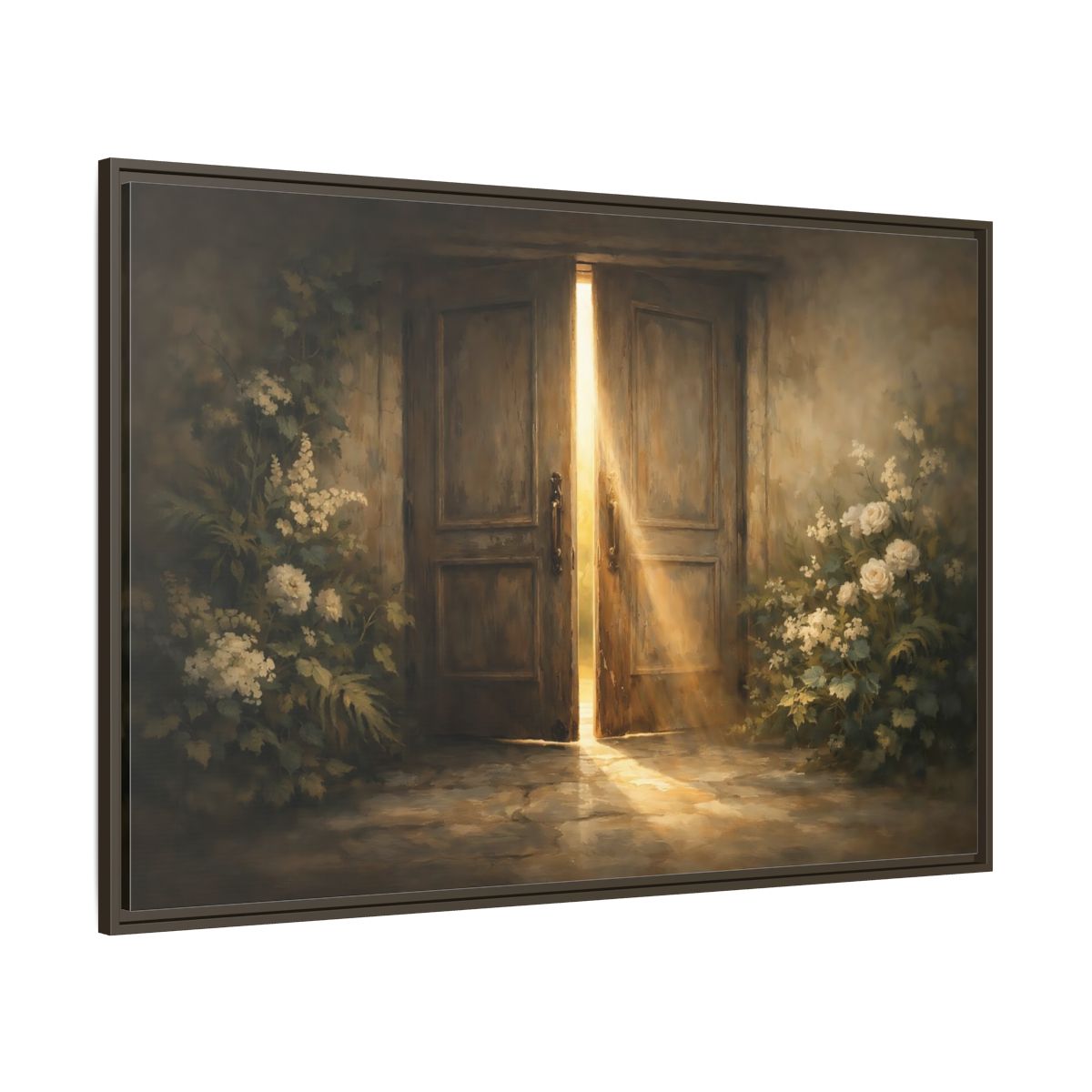 Main Mockup. Nature Sunlit Doorway Brown And Gold shown as stretched canvas wall art
