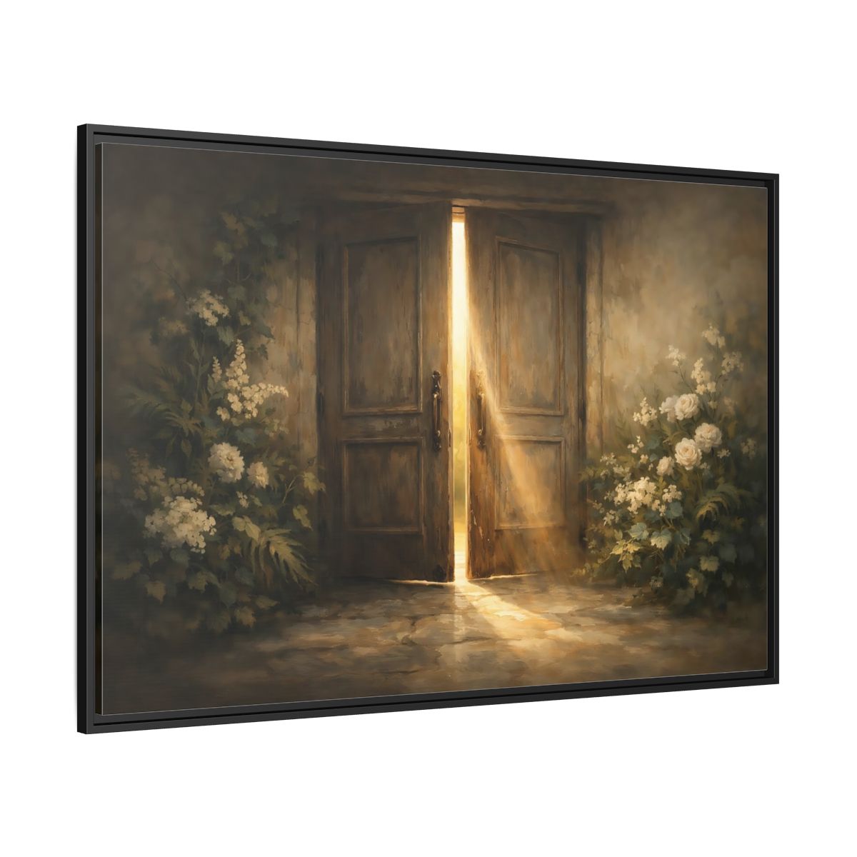 Side Mockup 12. Nature Sunlit Doorway Brown And Gold shown as stretched canvas wall art