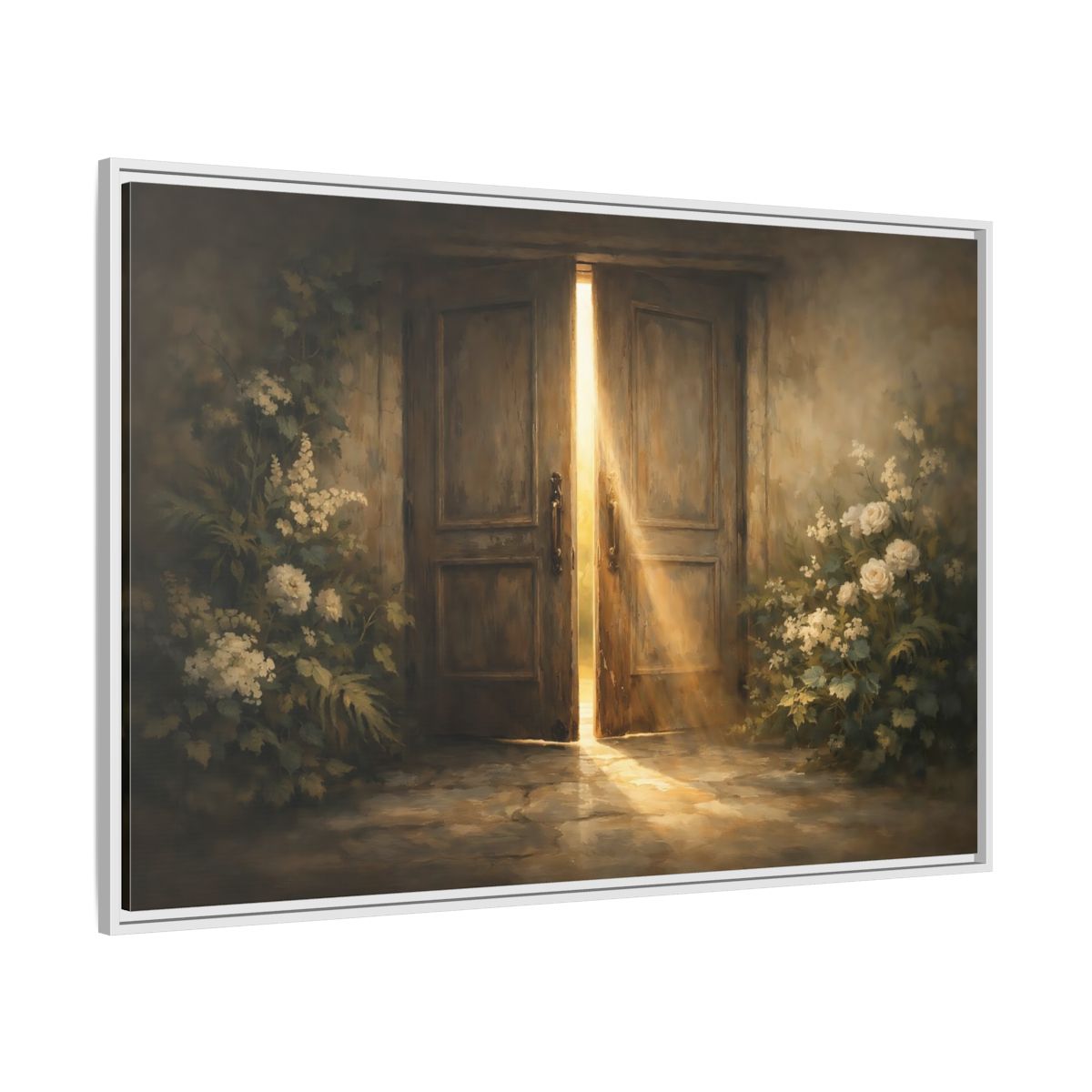 Side Mockup 7. Nature Sunlit Doorway Brown And Gold shown as stretched canvas wall art