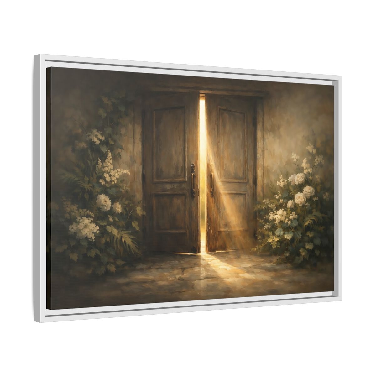 Side Mockup 10. Nature Sunlit Doorway Brown And Gold shown as stretched canvas wall art
