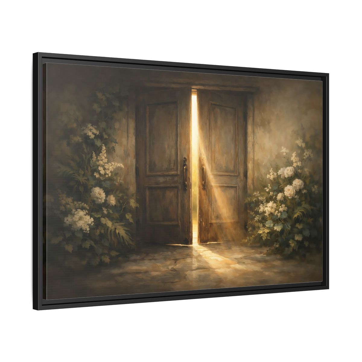 Side Mockup 13. Nature Sunlit Doorway Brown And Gold shown as stretched canvas wall art
