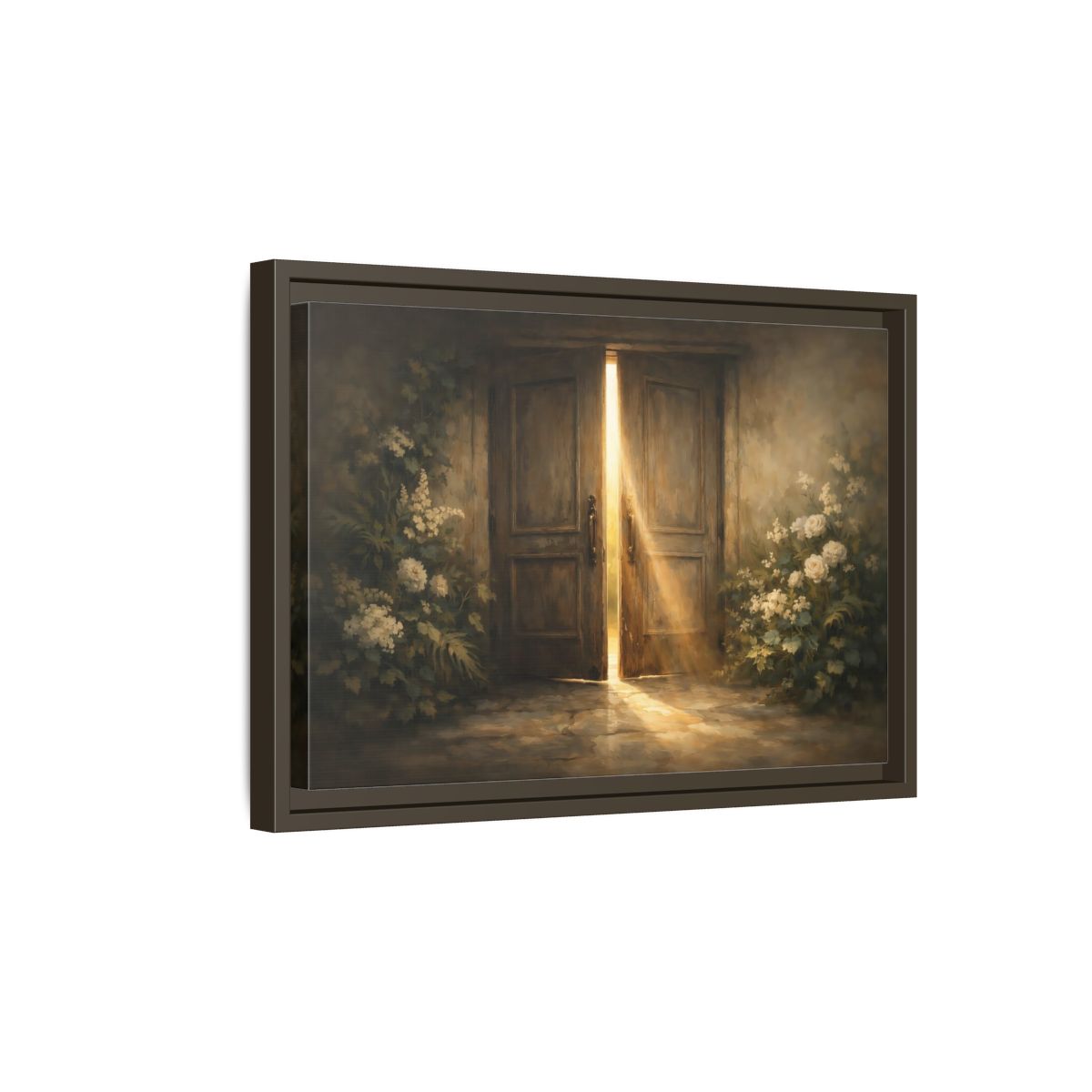 Side Mockup 5. Nature Sunlit Doorway Brown And Gold shown as stretched canvas wall art
