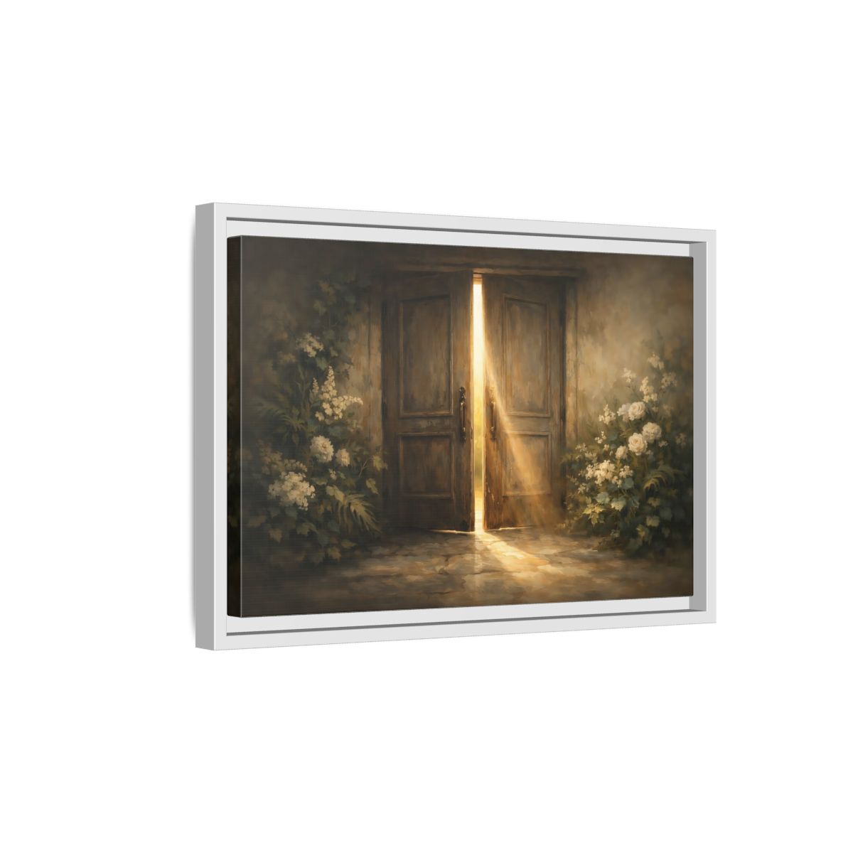 Side Mockup 4. Nature Sunlit Doorway Brown And Gold shown as stretched canvas wall art