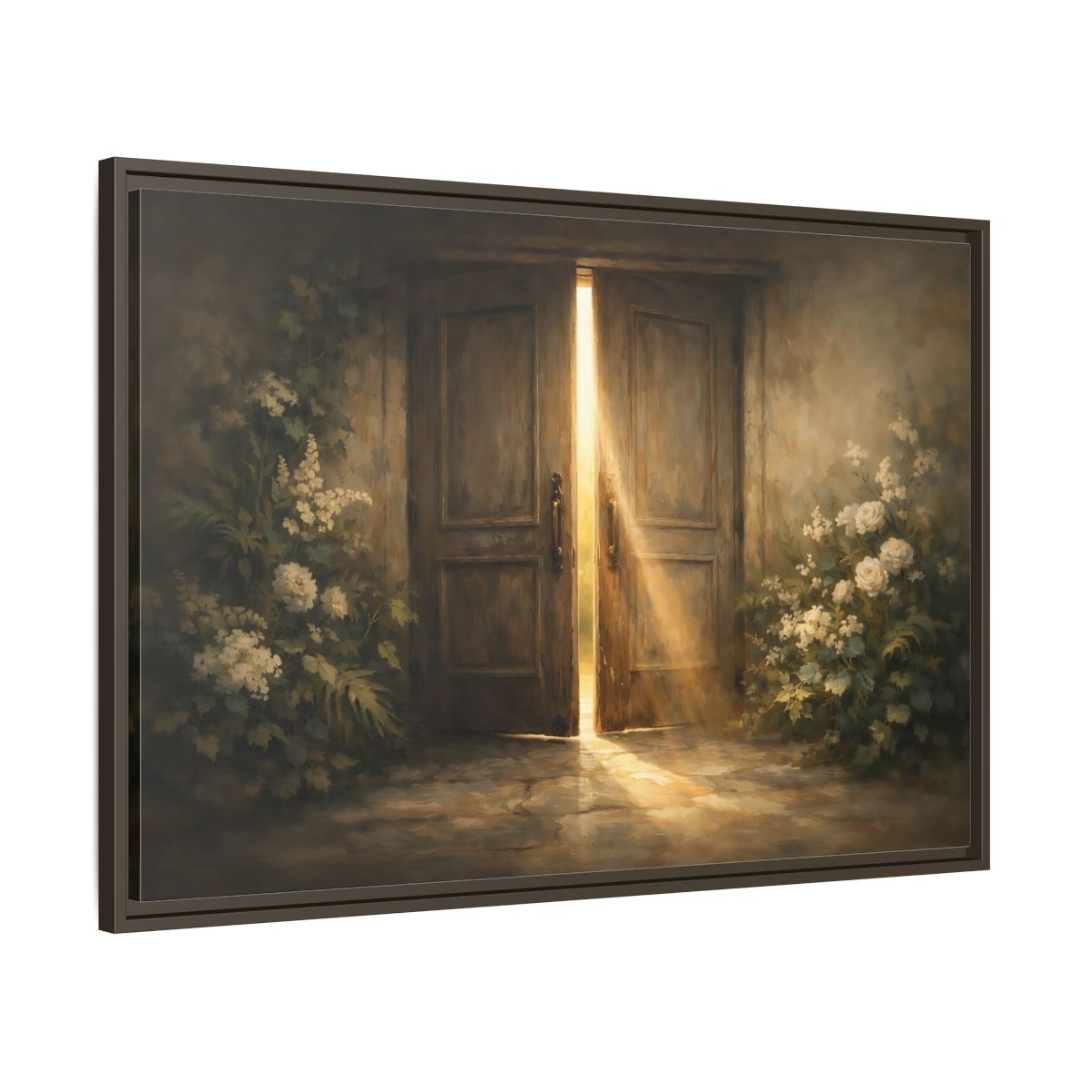 Side Mockup 9. Nature Sunlit Doorway Brown And Gold shown as stretched canvas wall art