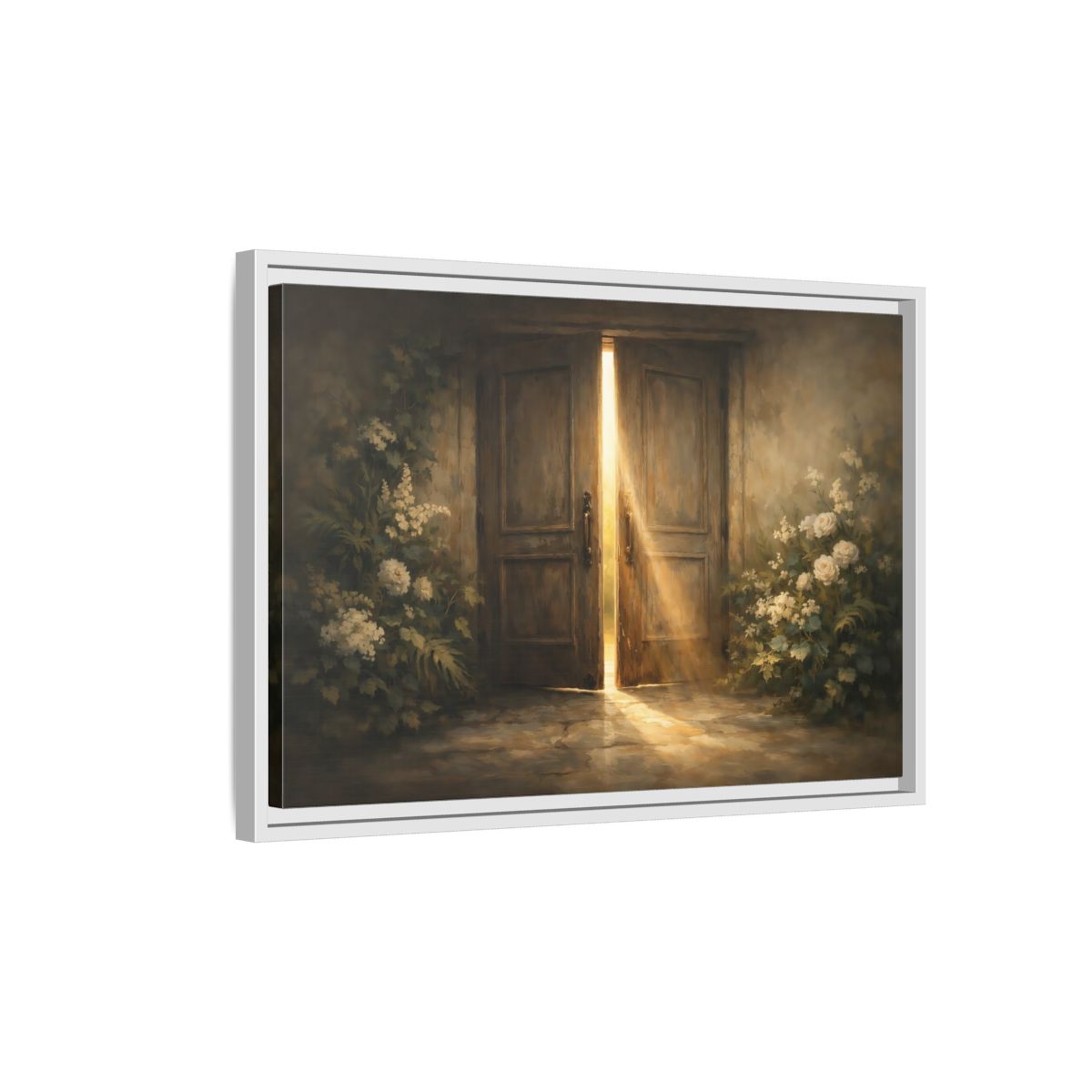 Side Mockup 1. Nature Sunlit Doorway Brown And Gold shown as stretched canvas wall art
