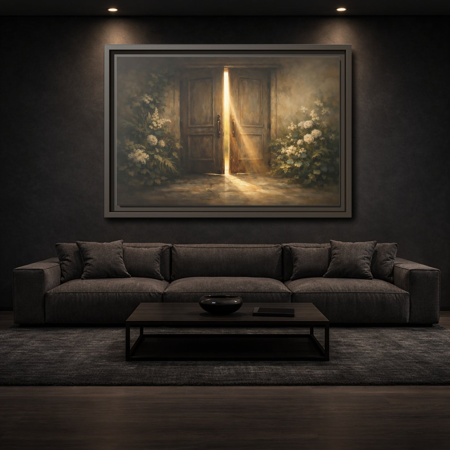 Mockup 2. Nature Sunlit Doorway Brown And Gold shown as stretched canvas wall art