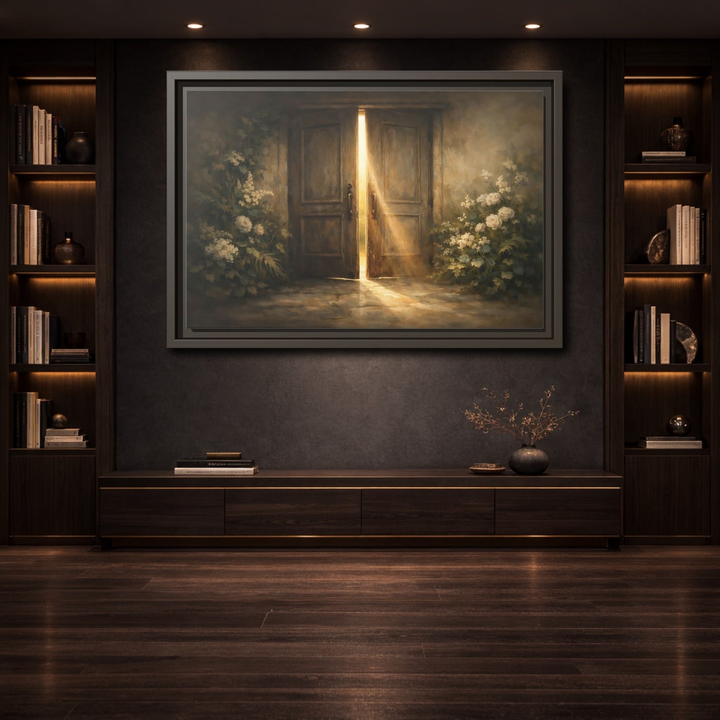 Mockup 3. Nature Sunlit Doorway Brown And Gold shown as stretched canvas wall art
