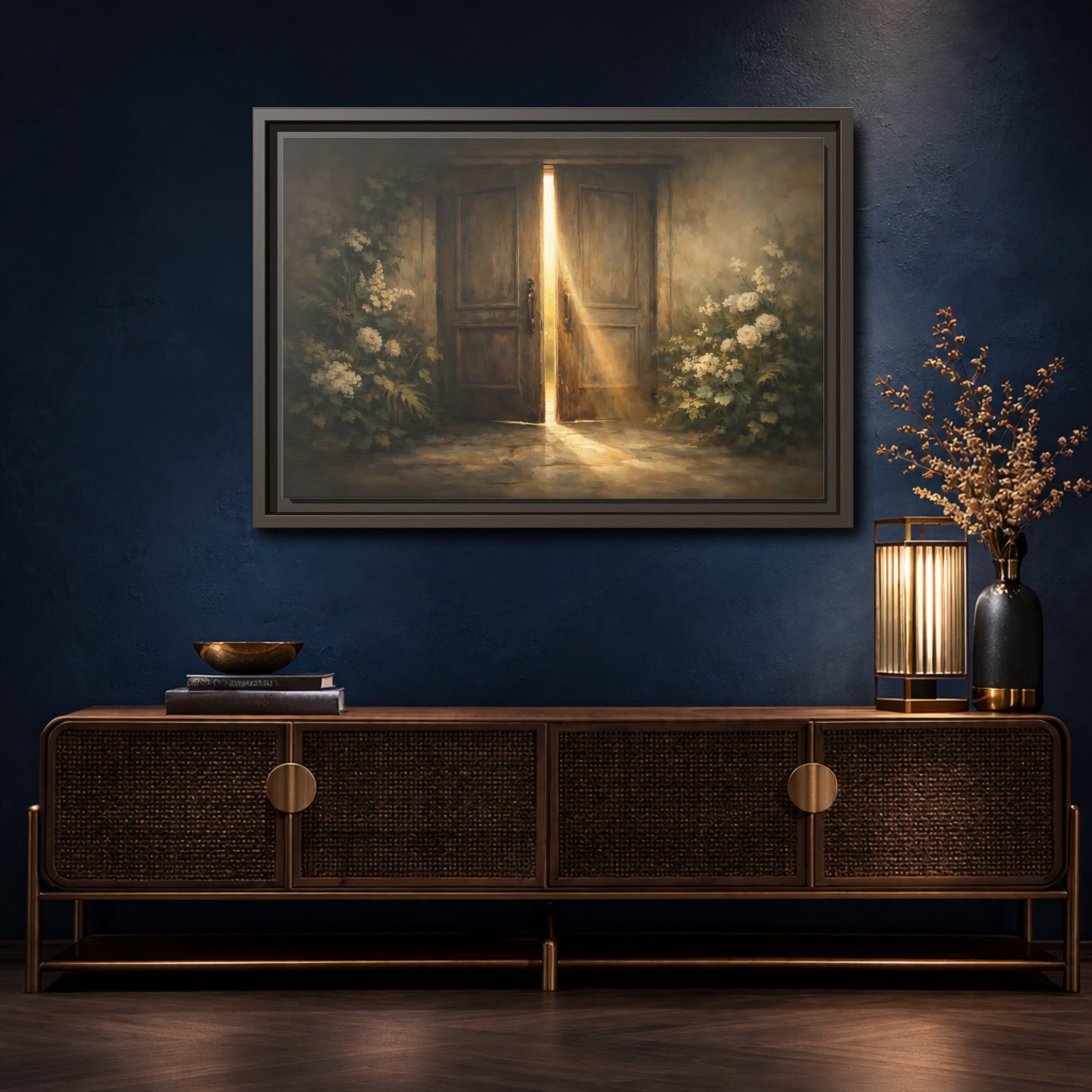 Mockup 4. Nature Sunlit Doorway Brown And Gold shown as stretched canvas wall art