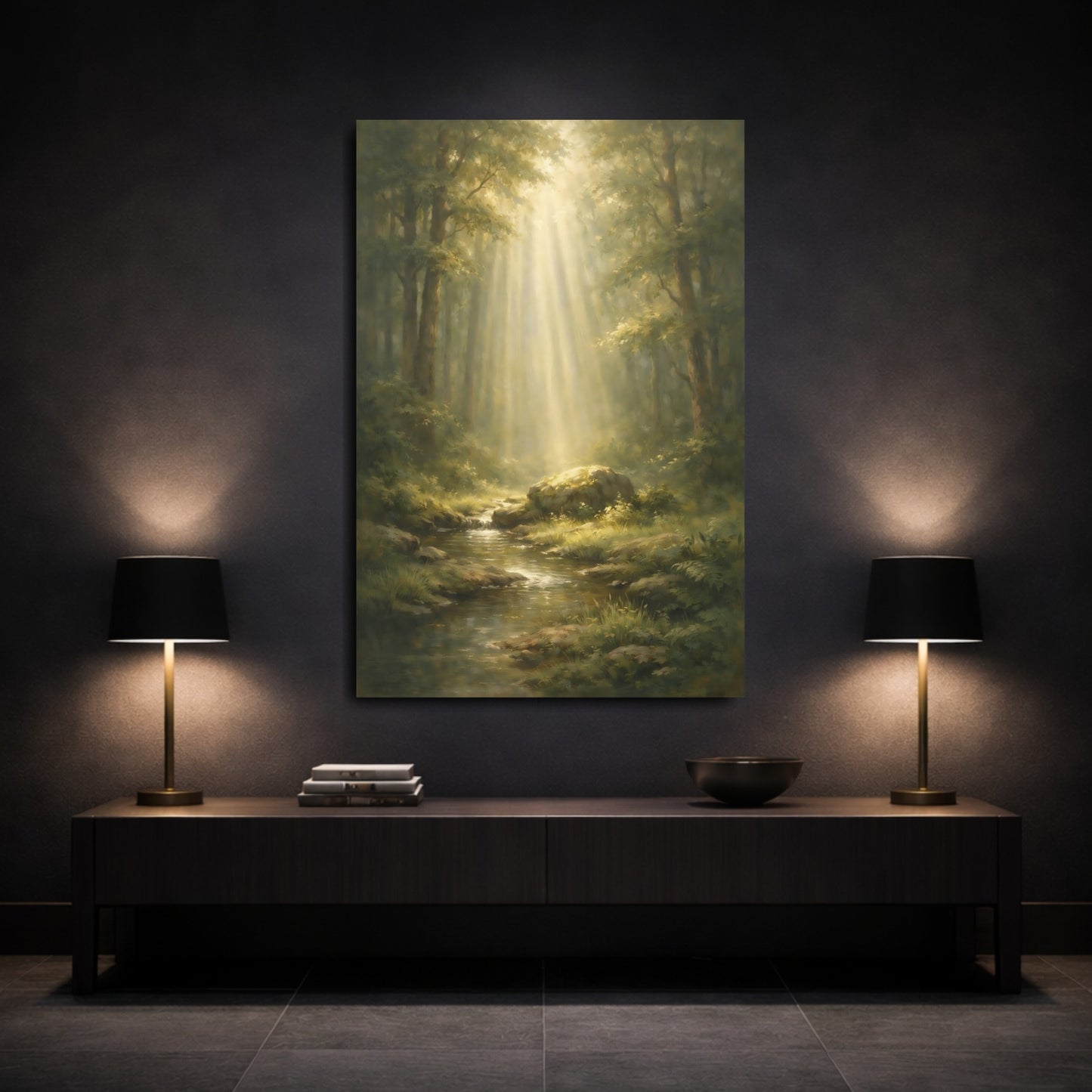Mockup 2. Nature Sunlit Forest Green Forest shown as stretched canvas wall art