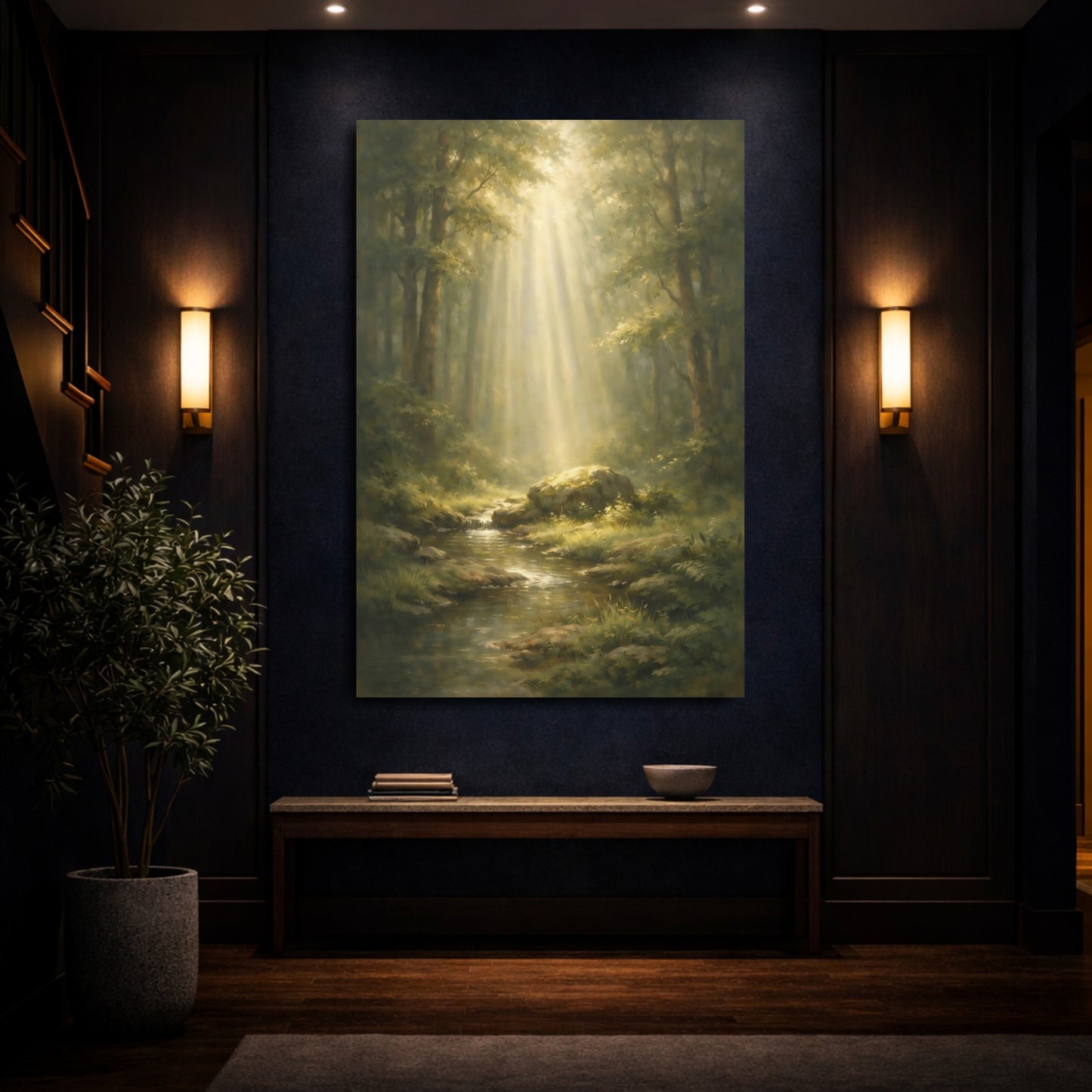 Mockup 3. Nature Sunlit Forest Green Forest shown as stretched canvas wall art