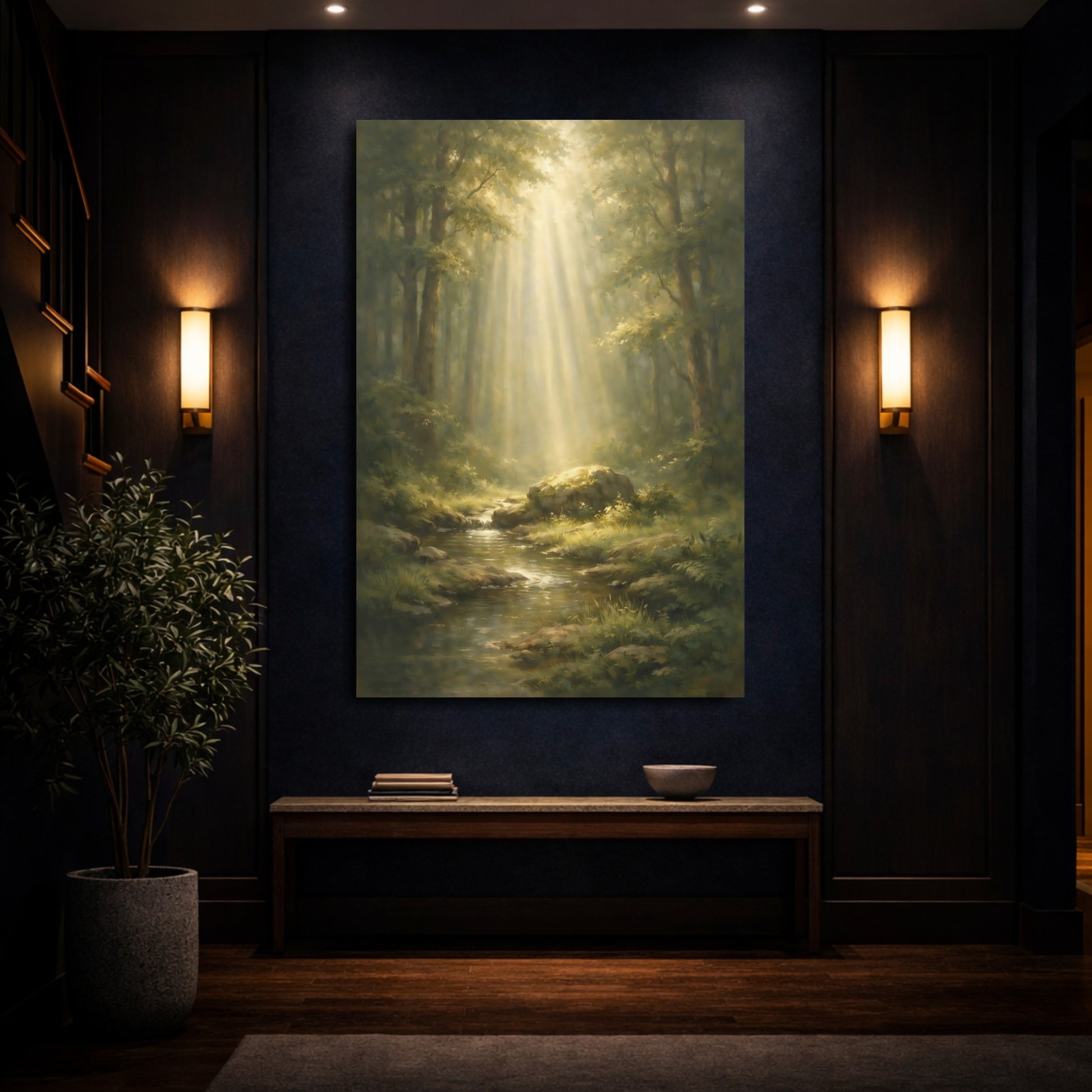 Mockup 3. Nature Sunlit Forest Green Forest shown as stretched canvas wall art