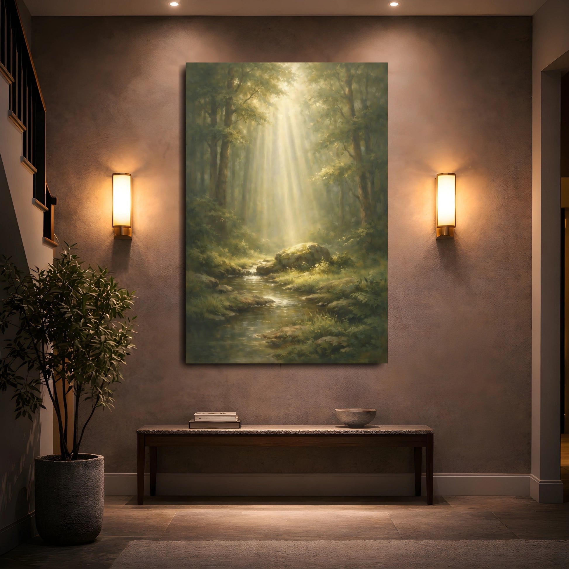 Mockup 4. Nature Sunlit Forest Green Forest shown as stretched canvas wall art
