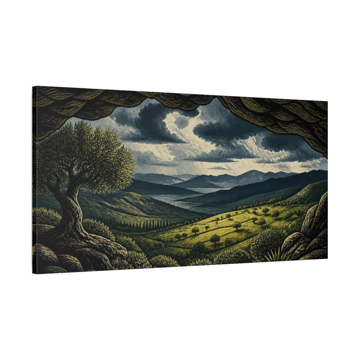 Main Mockup. Nature Sunlit Pasture Under Storm Clouds shown as canvas print
