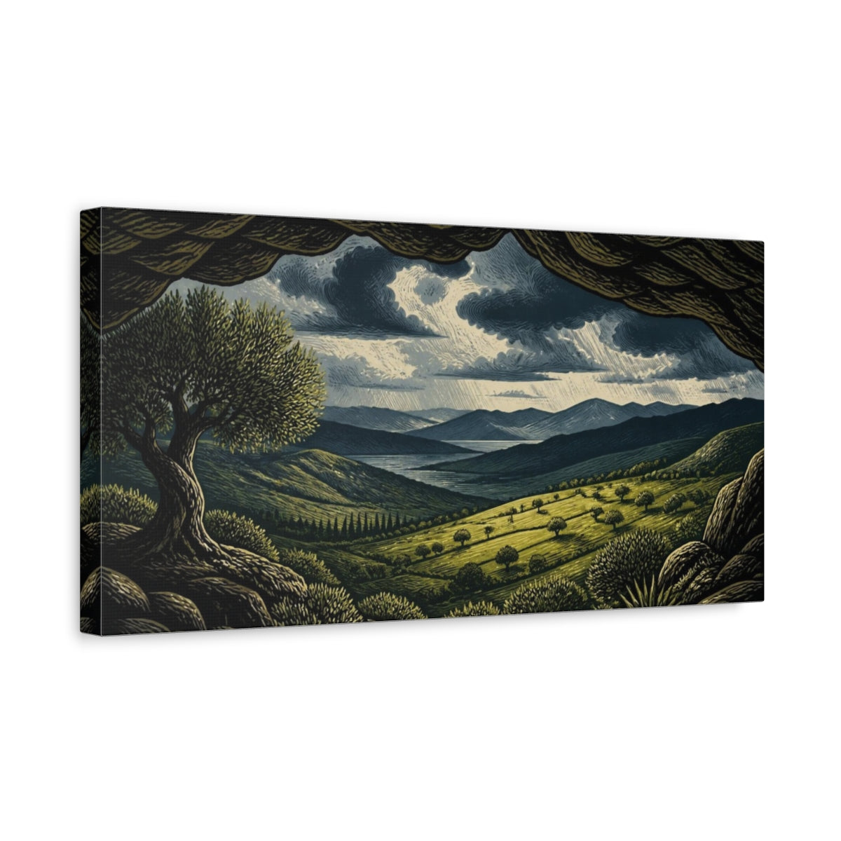 Side Mockup 3. Nature Sunlit Pasture Under Storm Clouds shown as canvas print