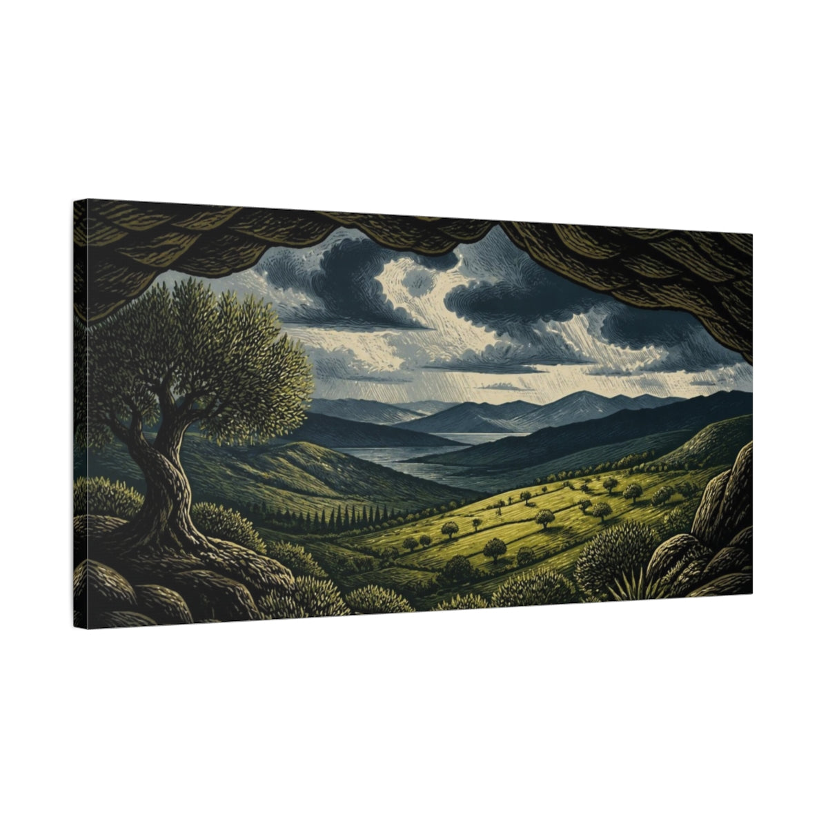 Side Mockup 1. Nature Sunlit Pasture Under Storm Clouds shown as canvas print