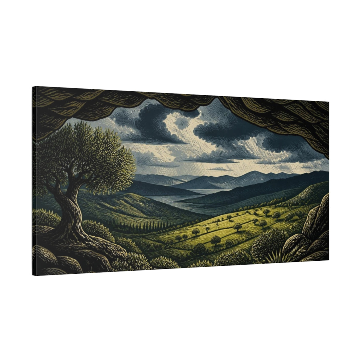 Side Mockup 2. Nature Sunlit Pasture Under Storm Clouds shown as canvas print