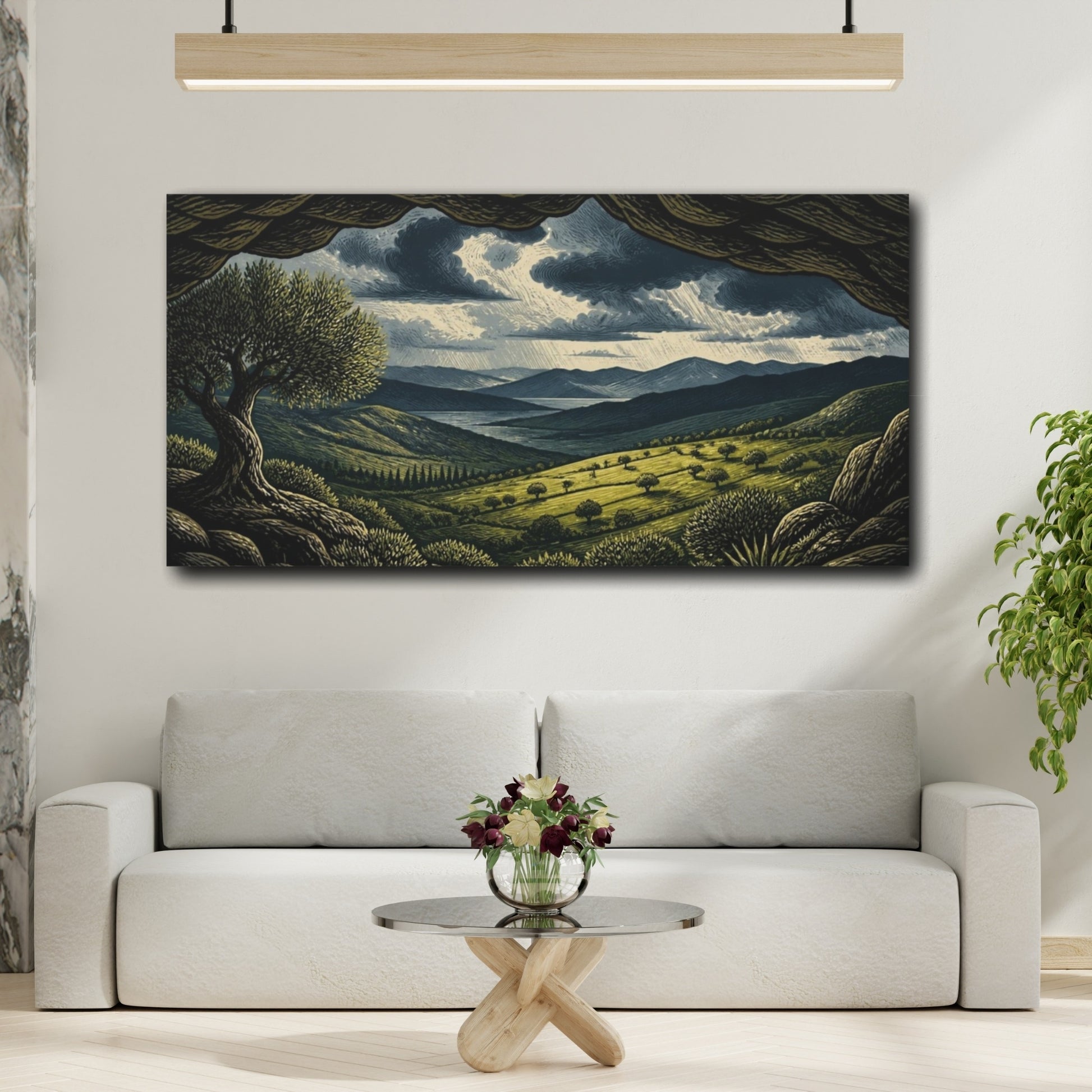 Mockup 2. Nature Sunlit Pasture Under Storm Clouds shown as canvas print