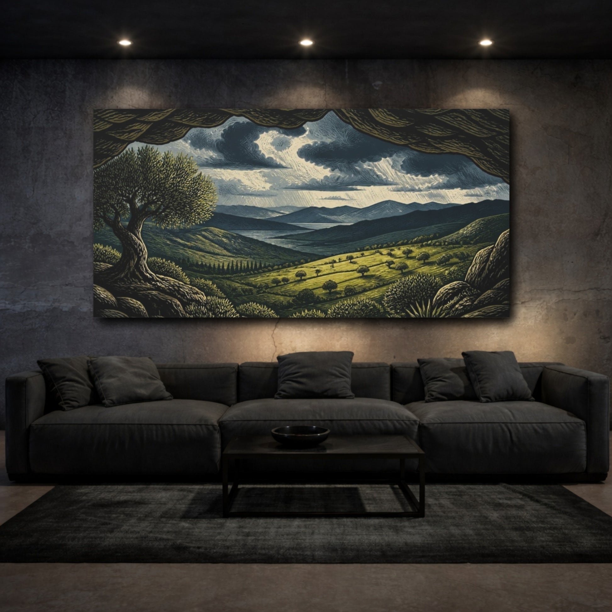 Mockup 3. Nature Sunlit Pasture Under Storm Clouds shown as canvas print