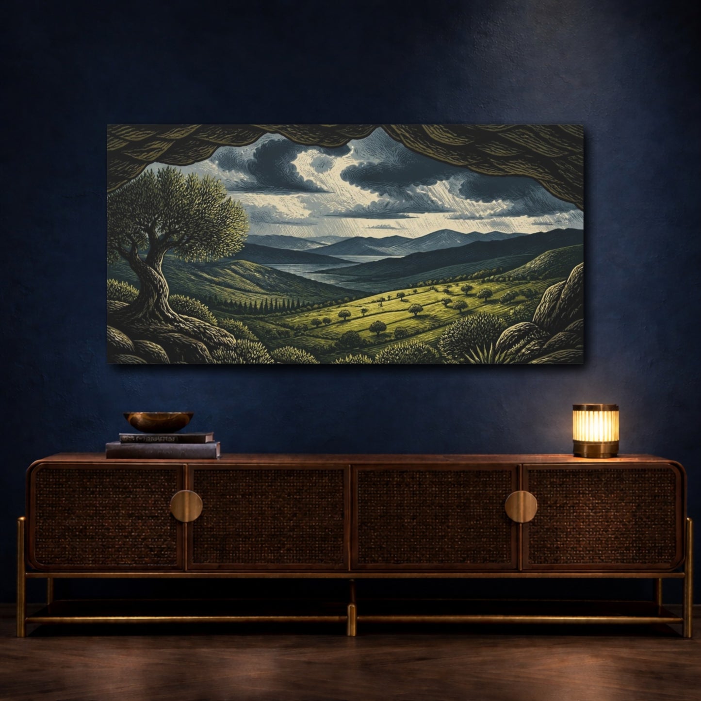 Mockup 4. Nature Sunlit Pasture Under Storm Clouds shown as canvas print