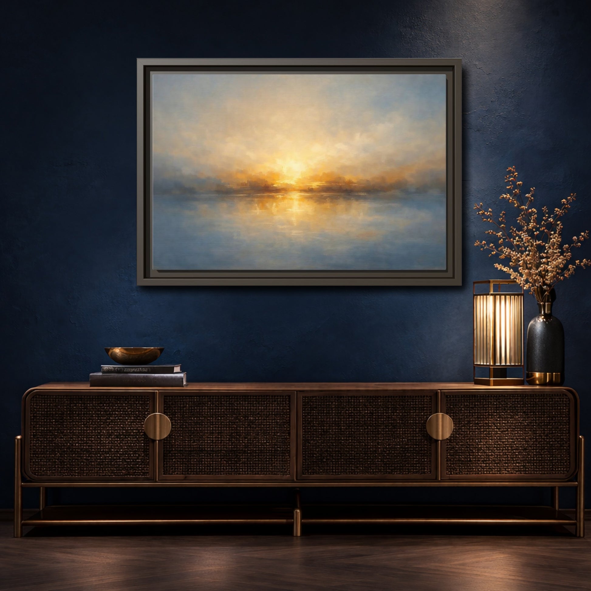 Mockup 4. Nature Sunrise Golden Sunrise shown as stretched canvas wall art