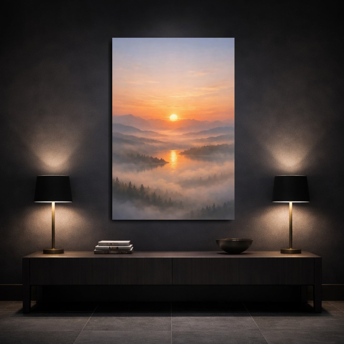 Mockup 2. Nature Sunrise Lake Orange Sunrise Landscape shown as stretched canvas wall art
